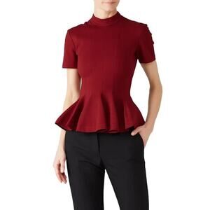 TOME Peplum Top Ponte Short Sleeve High Mock Neck Blouse Burgundy Red 16